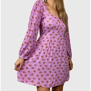 Billabong Lilac Floral Long Sleeve Mini Dress Purple Smocked Back Size Small